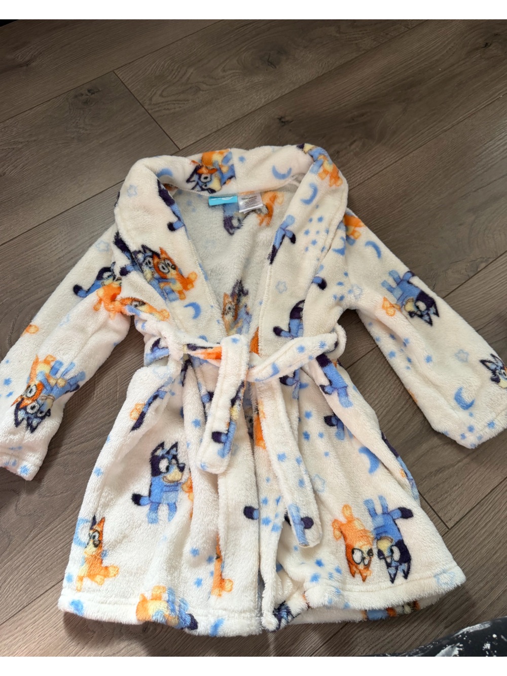 Kids Cream Blue Orange Plush Robe with Cartoon Fox Print